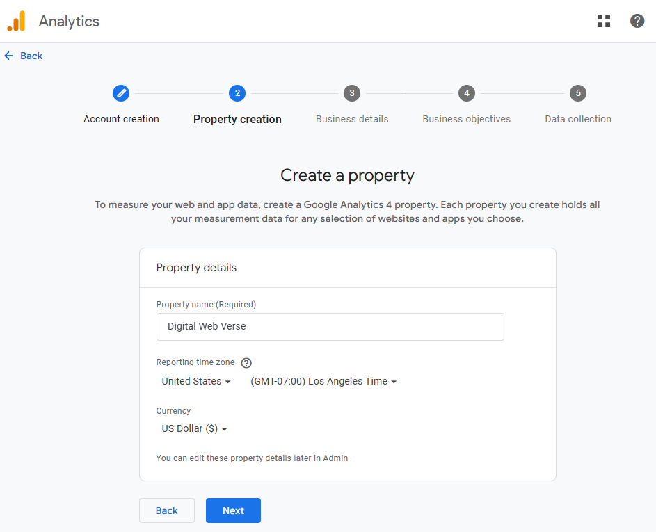 Google Analytics 4 Create Property screen google analytics