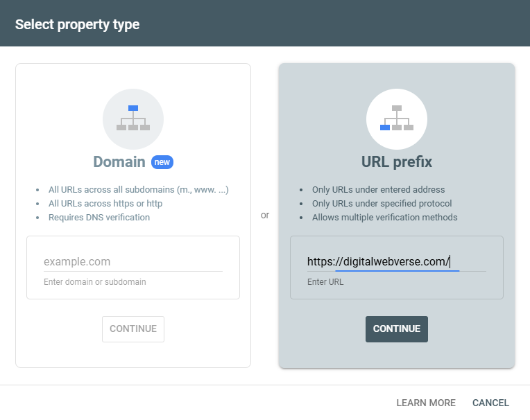 Google Search Console Add Property screen google analytics