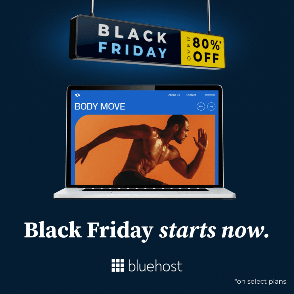 bluehost-black-friday-2025-deal-banner Bluehost Black Friday banner promoting over 80% off websites and online stores